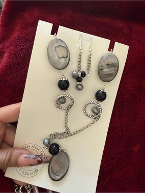 Handmade Gray and Black Beaded Necklace & Earrings Set